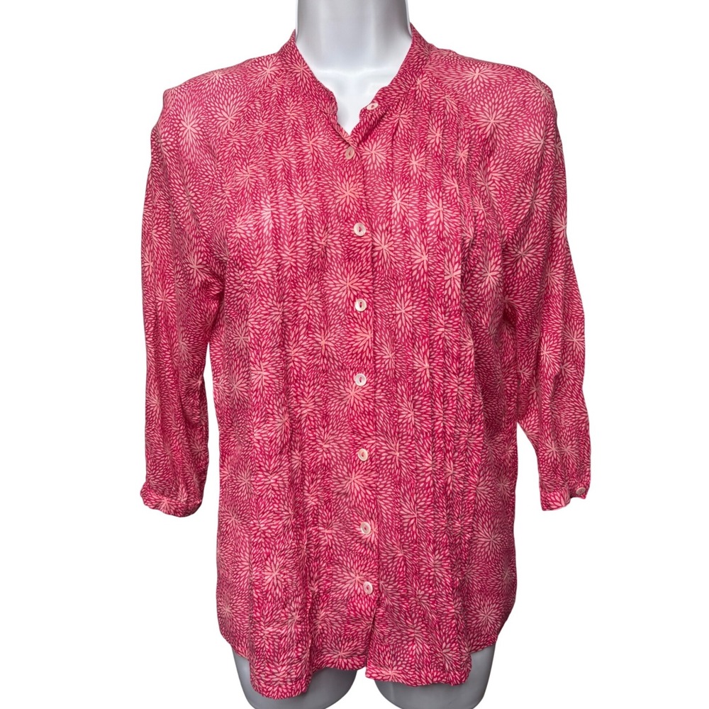 BANJANAN Womens Pink Floral Button Front Pintuck Top XS Boho-Chic Breathable